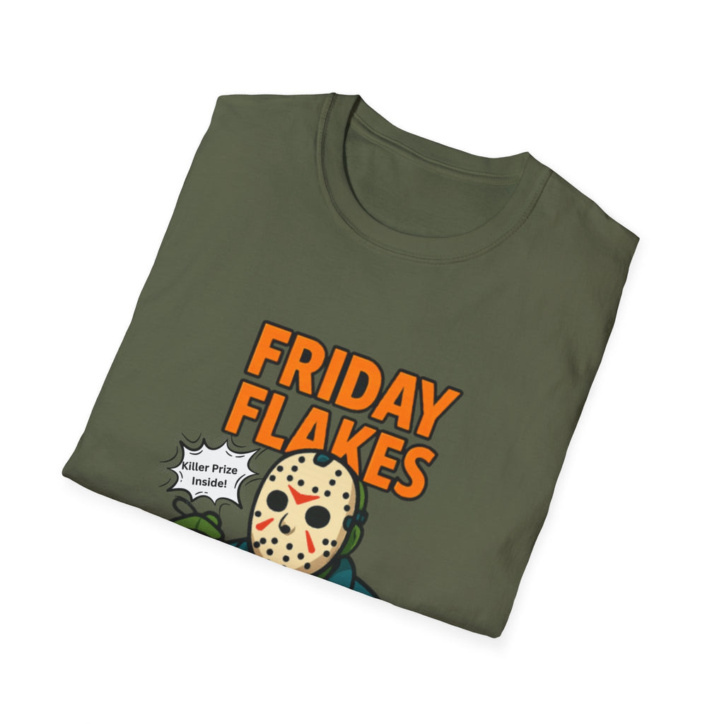 Friday Flakes Unisex Softstyle T-Shirt, Funny Horror Tee, Movie Lover Gift, Halloween Apparel, Casual Wear