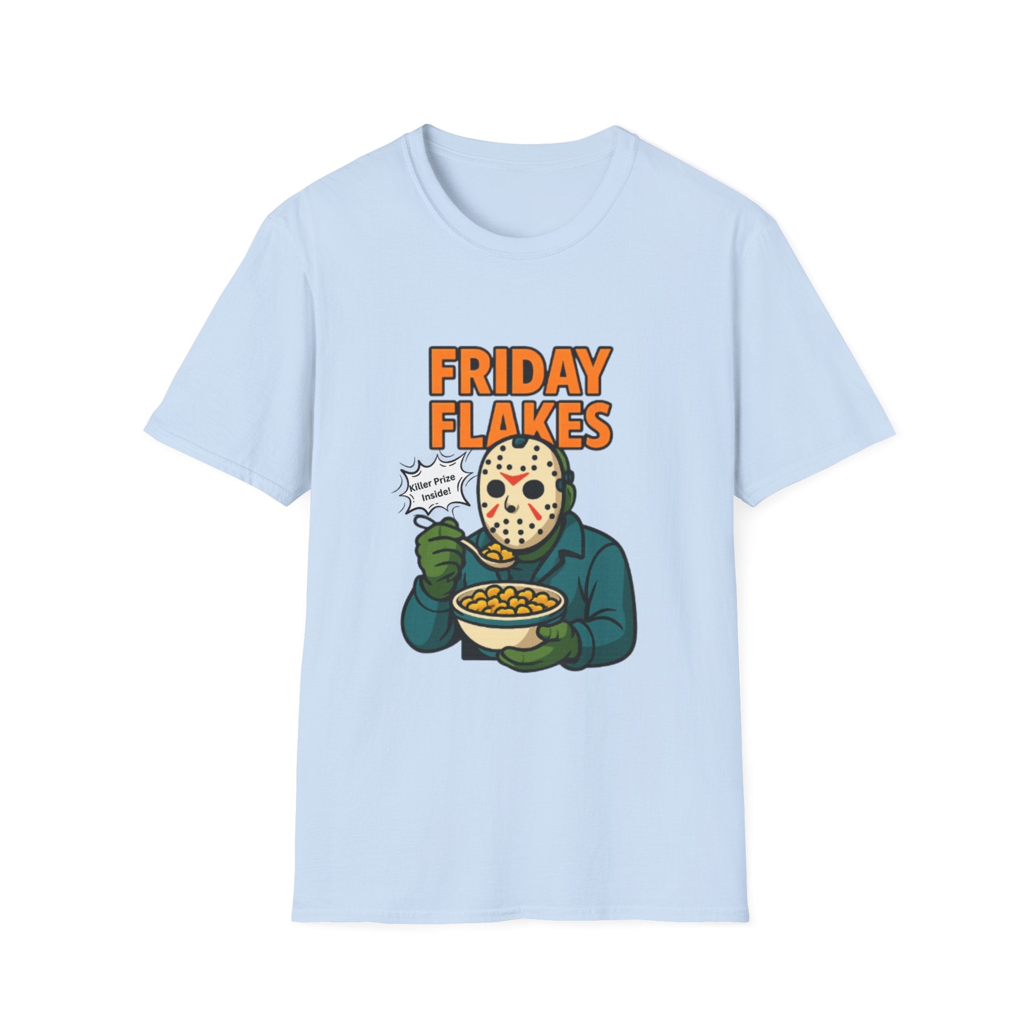 Friday Flakes Unisex Softstyle T-Shirt, Funny Horror Tee, Movie Lover Gift, Halloween Apparel, Casual Wear