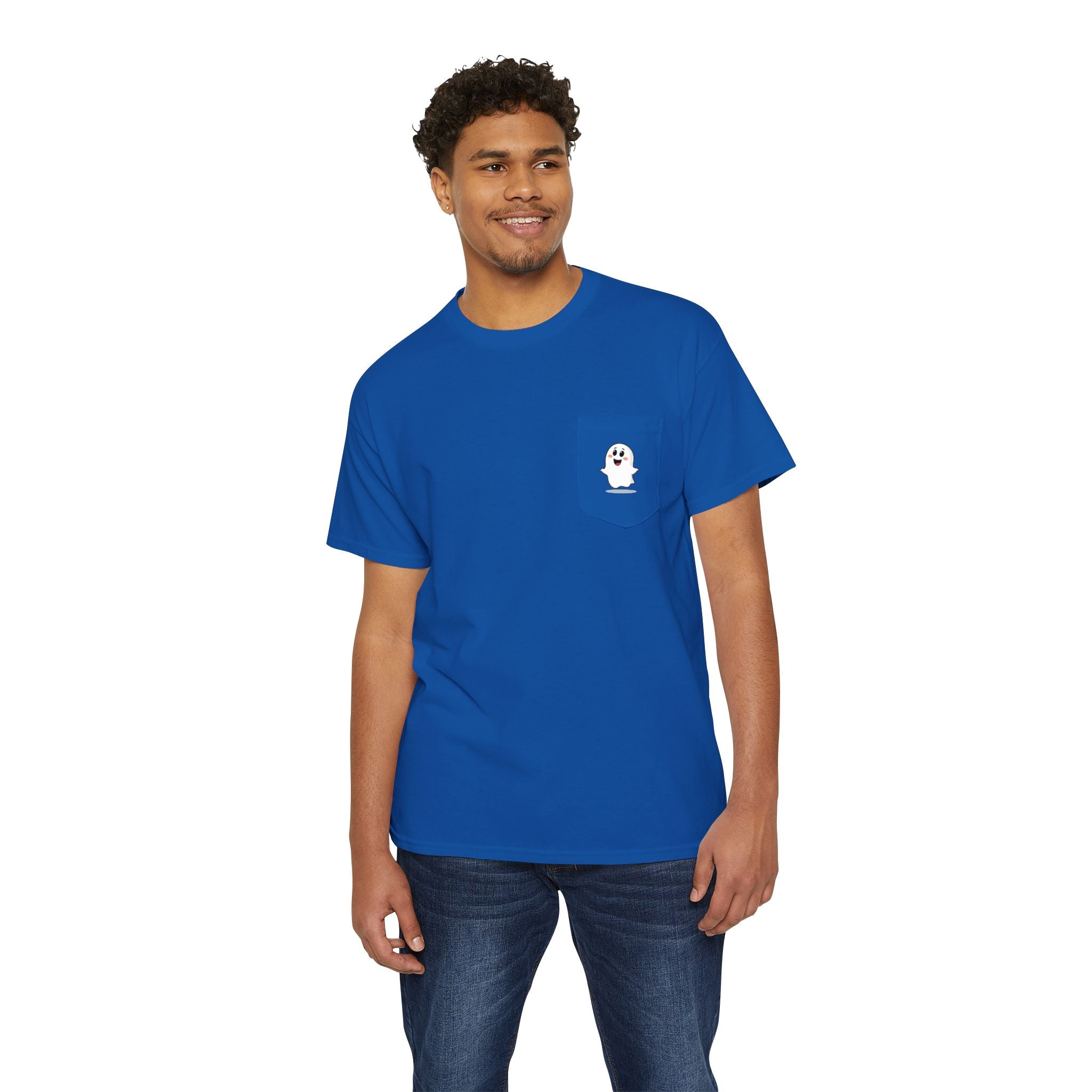 Ghost in My Pocket Unisex Heavy Cotton Tee, Cute Halloween Shirt, Funny Ghost Apparel, Pocket Tee for Fall, Gifts for Trick-or-Treaters