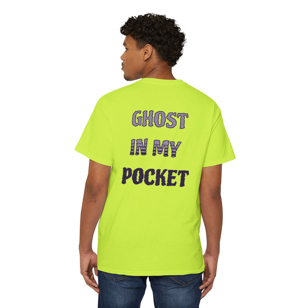 Ghost in My Pocket Unisex Heavy Cotton Tee, Cute Halloween Shirt, Funny Ghost Apparel, Pocket Tee for Fall, Gifts for Trick-or-Treaters
