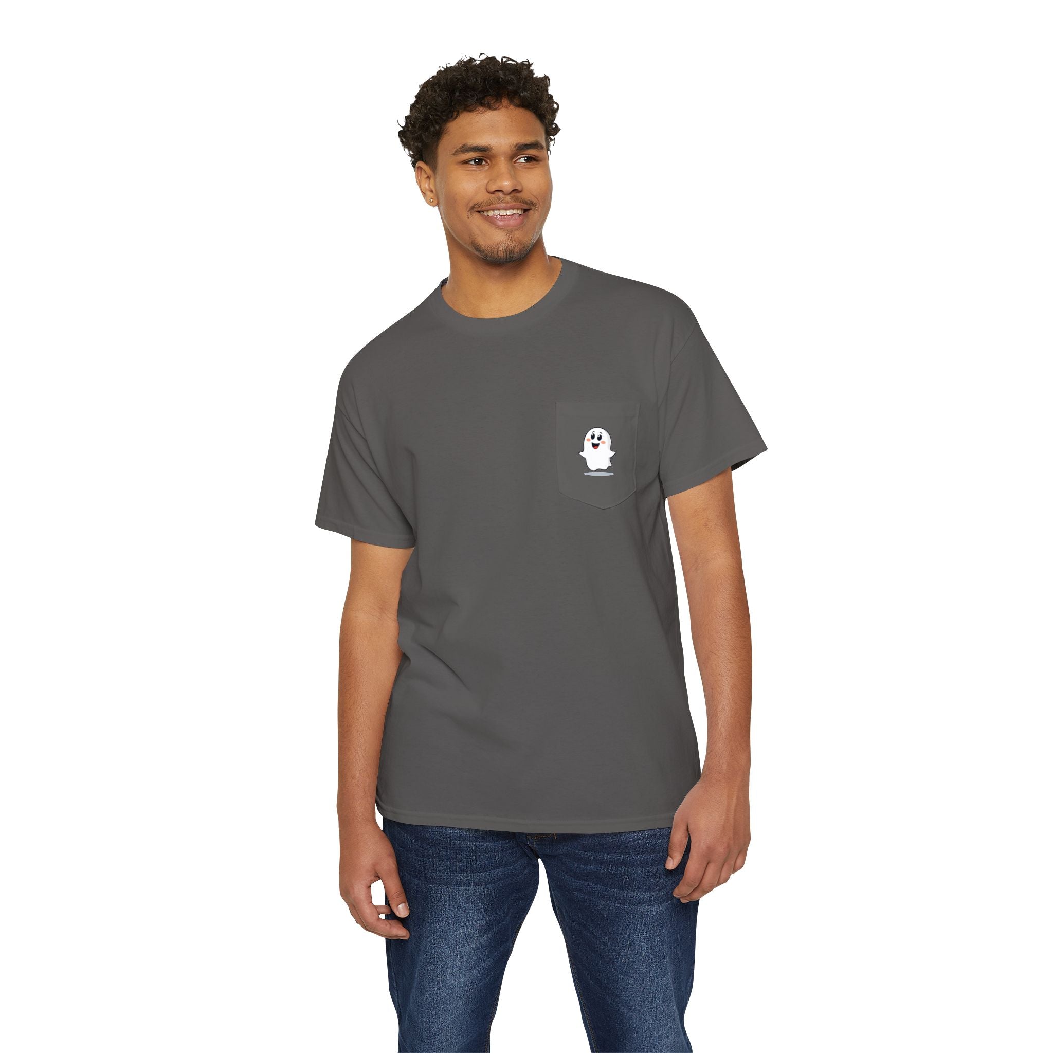 Ghost in My Pocket Unisex Heavy Cotton Tee, Cute Halloween Shirt, Funny Ghost Apparel, Pocket Tee for Fall, Gifts for Trick-or-Treaters