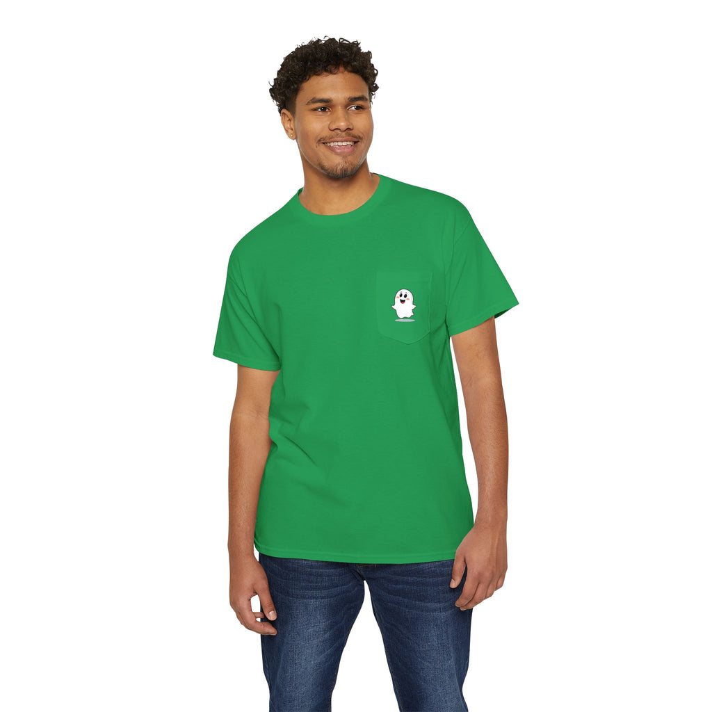 Ghost in My Pocket Unisex Heavy Cotton Tee, Cute Halloween Shirt, Funny Ghost Apparel, Pocket Tee for Fall, Gifts for Trick-or-Treaters